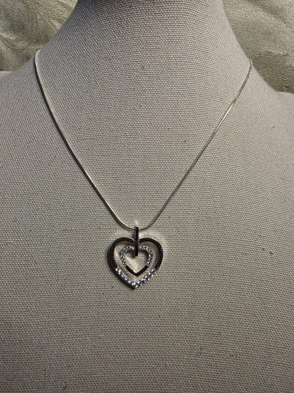 #1222 Swarovski Silver Double Heart Pendant Necklace with Clear Crystals